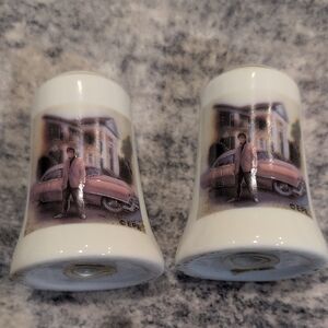 Vintage Ceramic Salt and Pepper Shakers with Pink Car Graceland Home Of Elvis